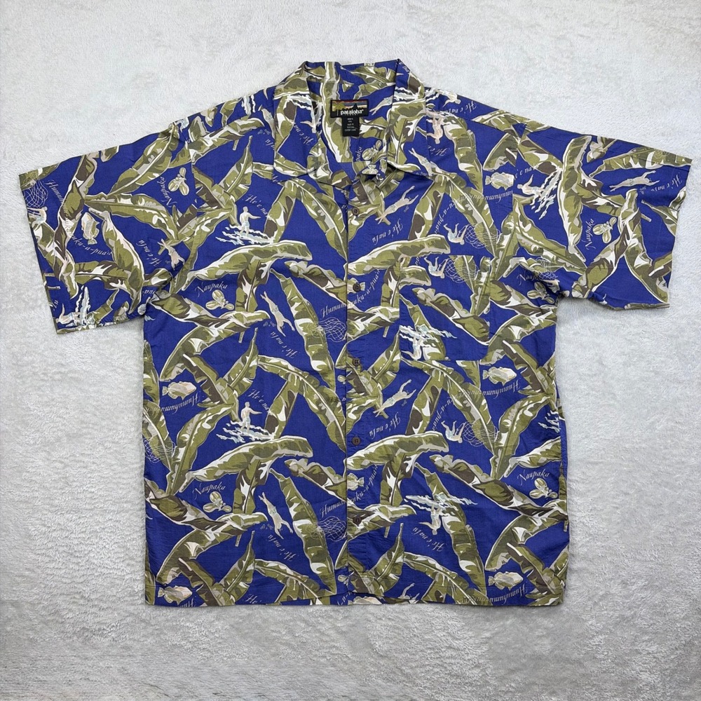 Patagonia Pataloha Shirt Mens XXL Blue Tropical Leaf Surfer Hawaiian 1999 Beach